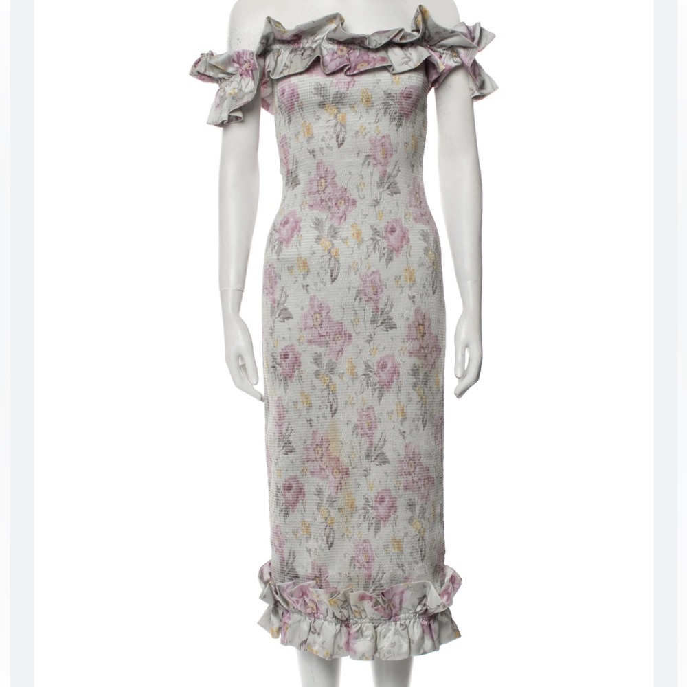 V Chapman Floral Lilac Midi Dress off the shoulder